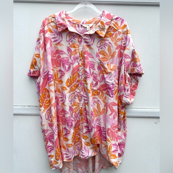 Terra & Sky Linen Top Women 3X Button Down Floral Multi Resort Wear Tropical - Picture 10 of 11